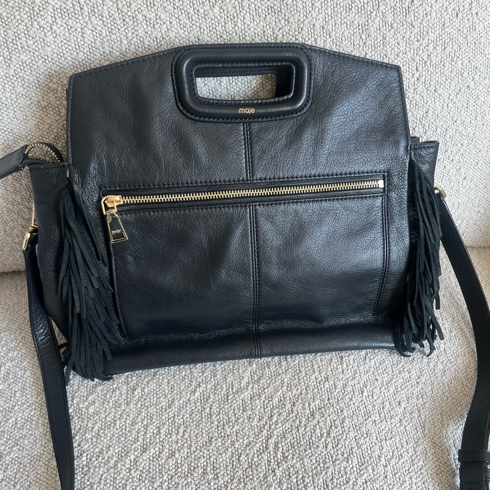 Maje Black Crossbody Bag with Leather Fringe and Adjustable Strap